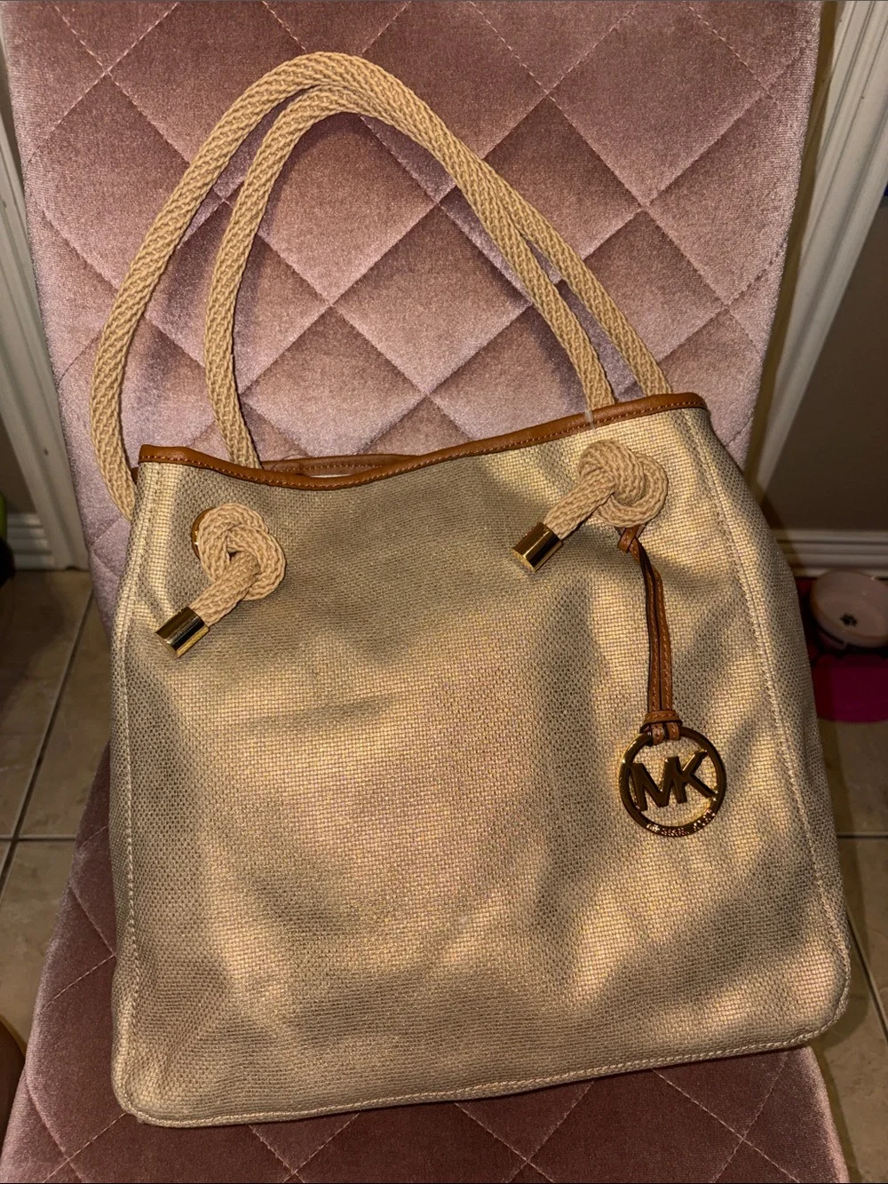 Michael Kors Gola Canvas Tote with Rope Handles and Gold MK Charm